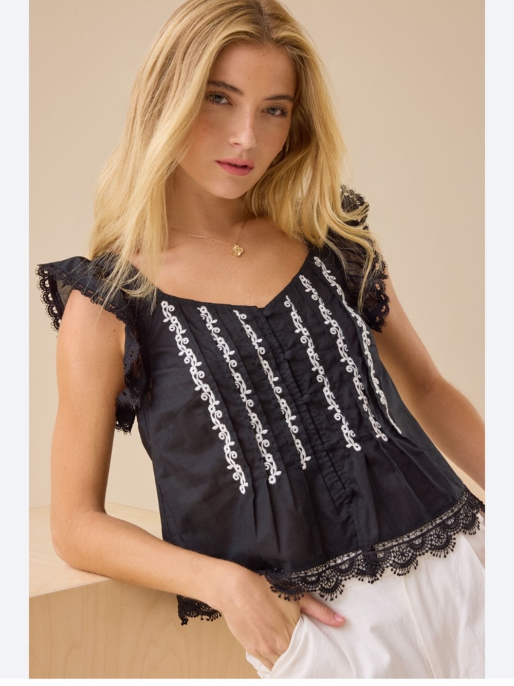 Altar'd State Black Embroidered Lace-Trim Flutter Sleeve Top